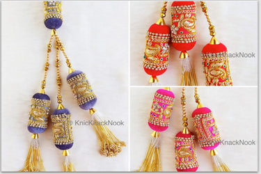 Velvet Fabric Bolster Tassels In Antique Gold Zardozi Embroidery, Rhinestones & Pearls, Indian Embellishment